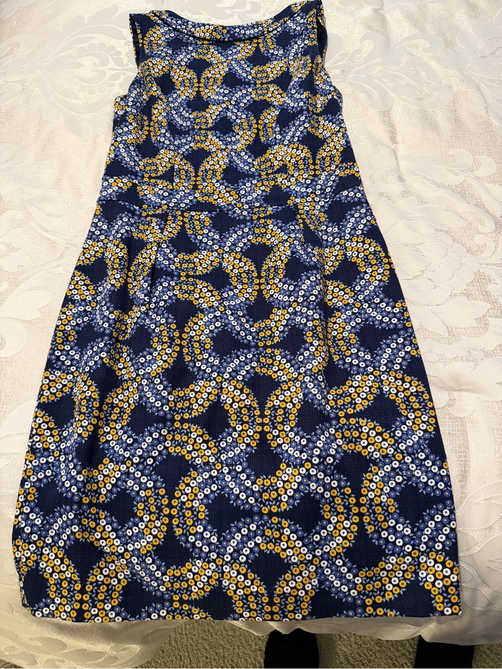Boden Navy Blue A-Line Dress with Yellow & White Circular Print